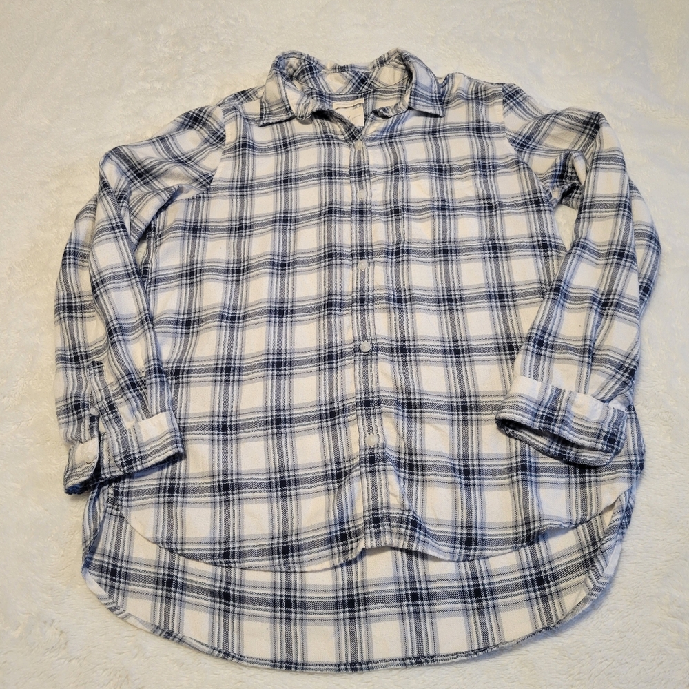 AE White & Blue Flannel Buttonup, Women's Size L